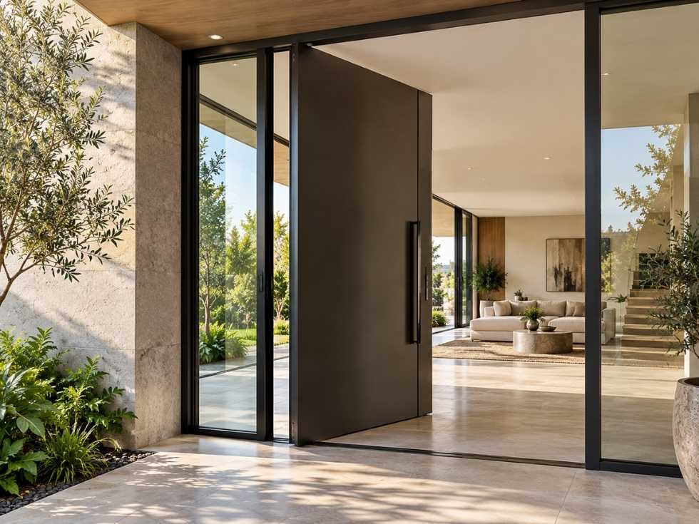 Modern black pivot aluminium entrance door with slim glass panels - Beautiful Homes
