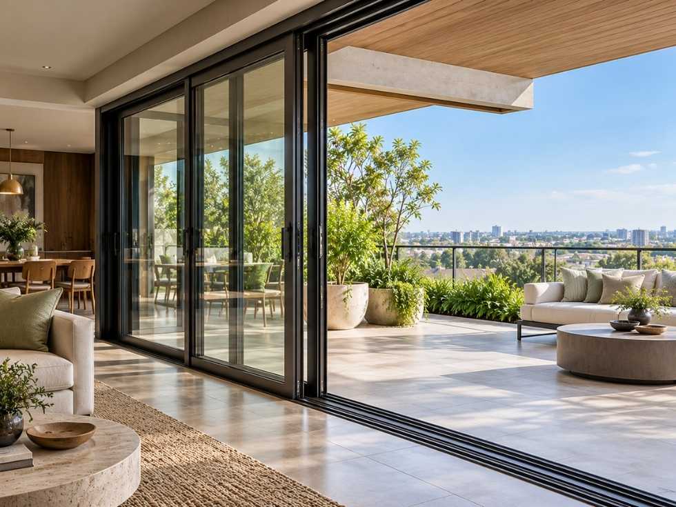 Black aluminium sliding doors opening onto a spacious, sunlit balcony - Beautiful Homes