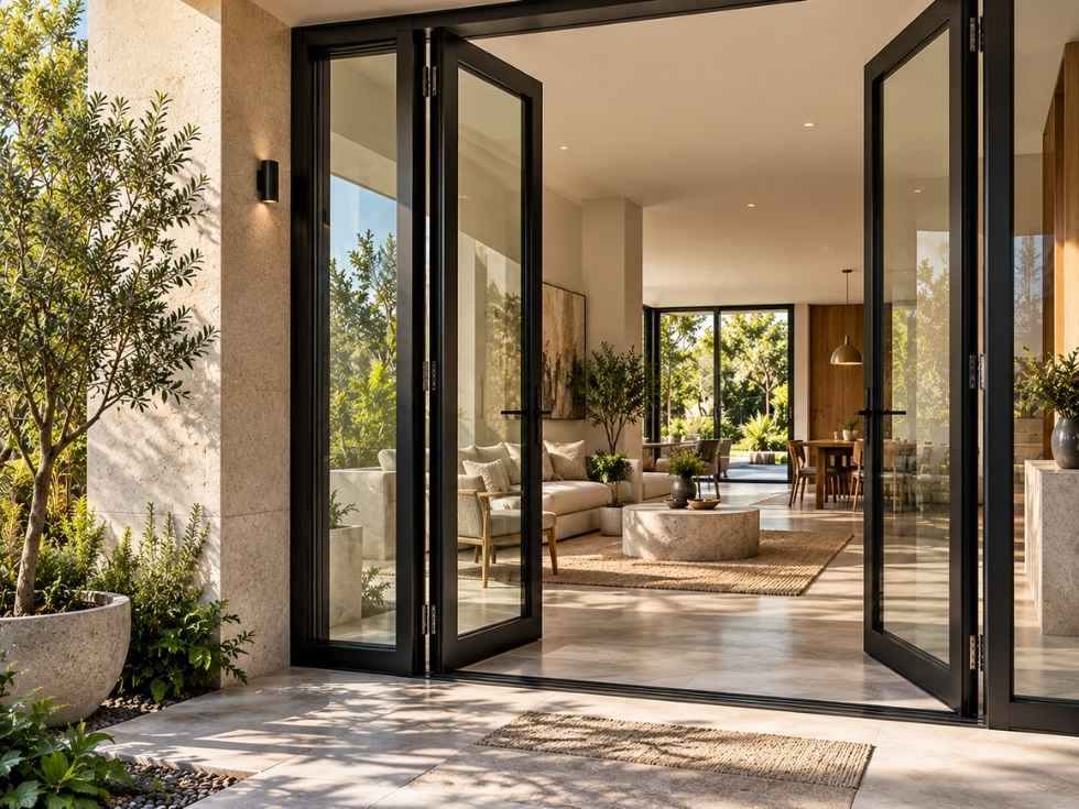 Black aluminium swing doors opening onto a modern home entrance - Beautiful Homes