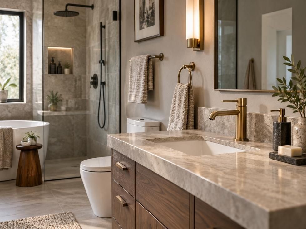 Modern bathroom featuring brushed brass faucet with coordinated fixtures and neutral stone finishes - Beautiful Homes