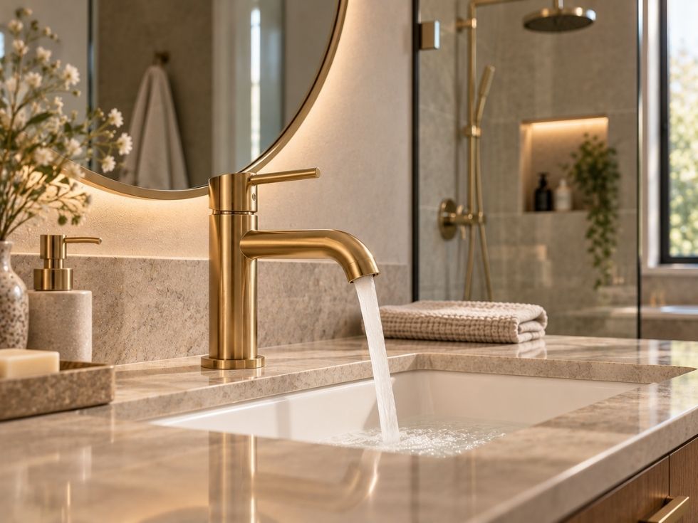 Brushed brass bathroom faucet with matching shower fixtures in a modern bathroom setting - Beautiful Homes