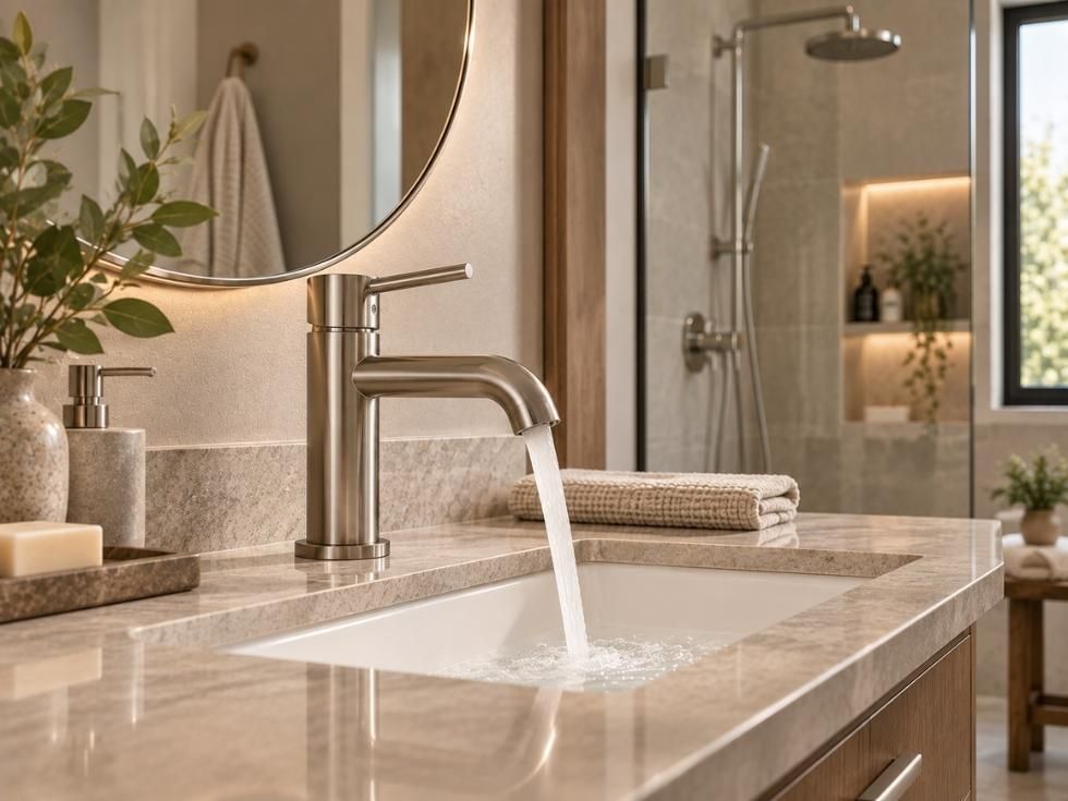 Brushed nickel bathroom faucet with modern vanity, sink and coordinated shower fixtures - Beautiful Homes