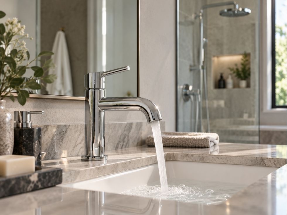 Chrome bathroom faucet with polished finish on modern bathroom vanity and sink - Beautiful Homes