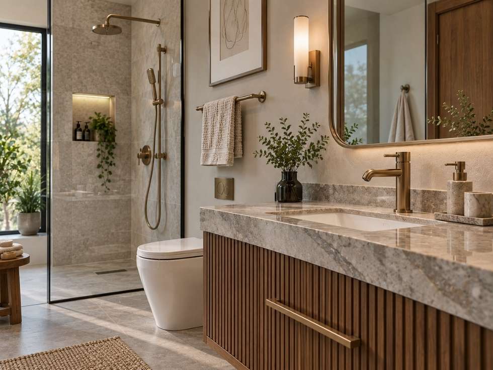 Coordinated brushed brass bathroom faucet with matching shower, mirror and bathroom accessories - Beautiful Homes