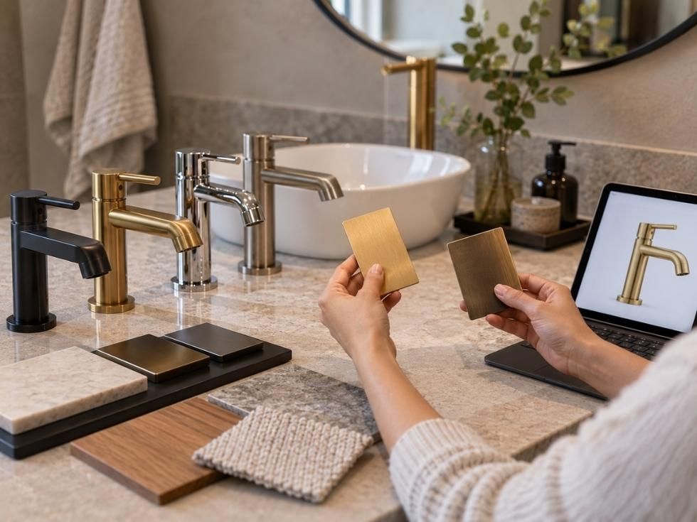 Comparing bathroom faucet finishes with material samples before selecting the right option - Beautiful Homes