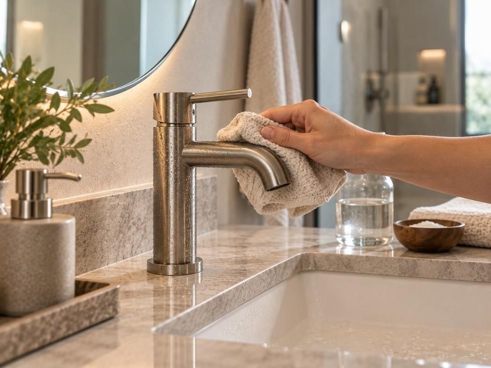 Cleaning a brushed nickel faucet to prevent water spots and mineral buildup damage - Beautiful Homes