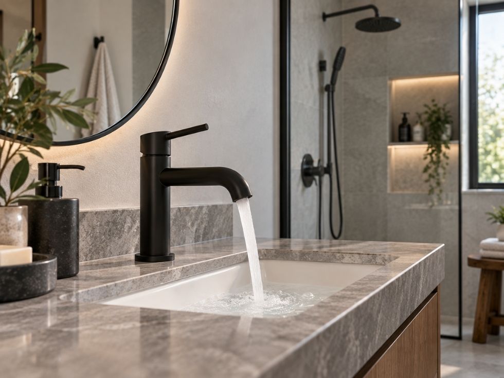 Matte black bathroom faucet with modern vanity, sink and matching shower fixtures - Beautiful Homes