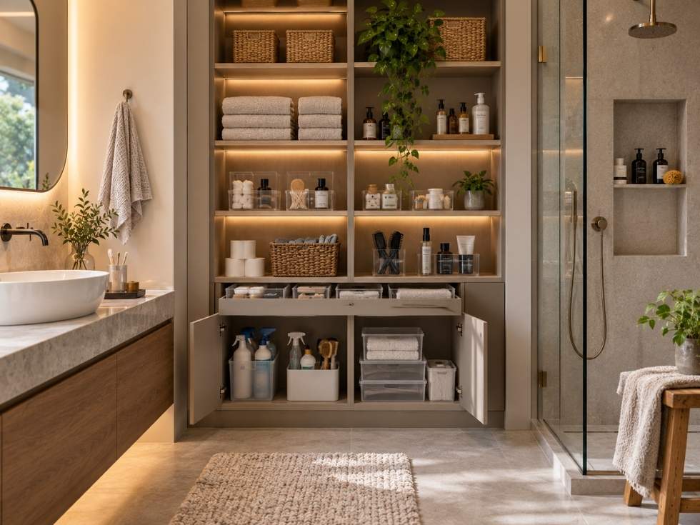 Organised bathroom storage cabinet with shelves, drawers, and everyday essentials - Beautiful Homes