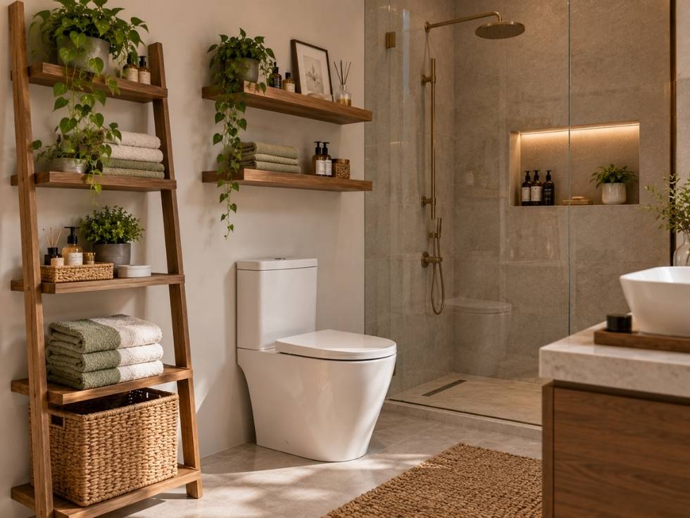 Bathroom with open shelves, ladder storage, and recessed shower niches - Beautiful Homes