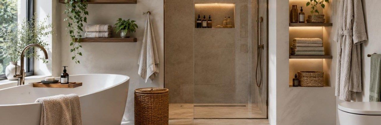 Modern bathroom with built in shelving, vanity, and organised storage solutions - Beautiful Homes