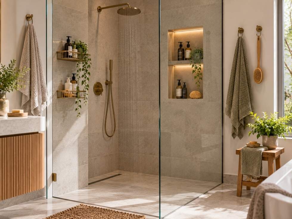 Walk-in shower with recessed niche, corner caddies and organised bathroom storage - Beautiful Homes