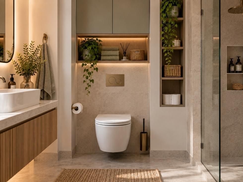 Bathroom with overhead cabinet and shelving above wall mounted water closet - Beautiful Homes