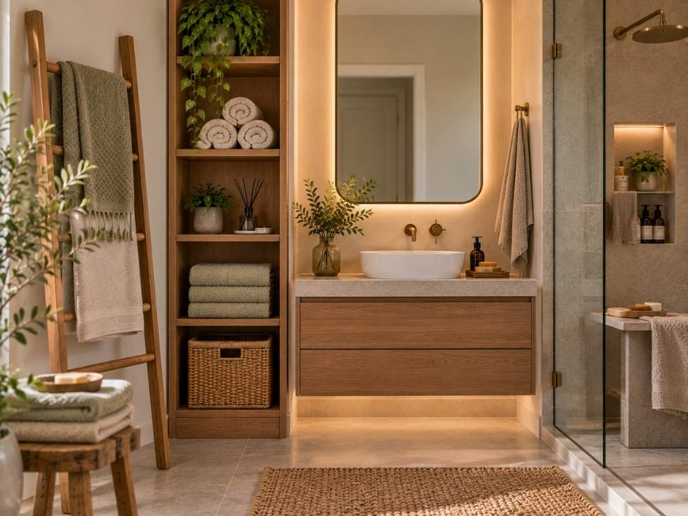 Bathroom with ladder rack, open shelves and organised towel and linen storage - Beautiful Homes