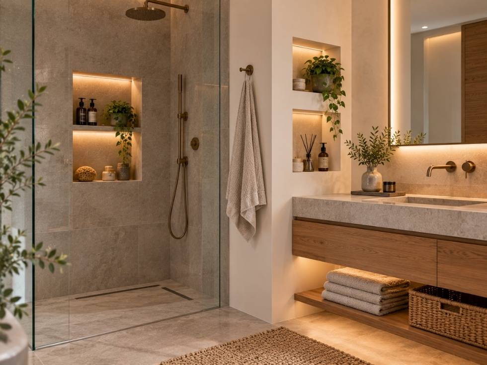 Modern bathroom featuring built in shower and vanity storage niches - Beautiful Homes