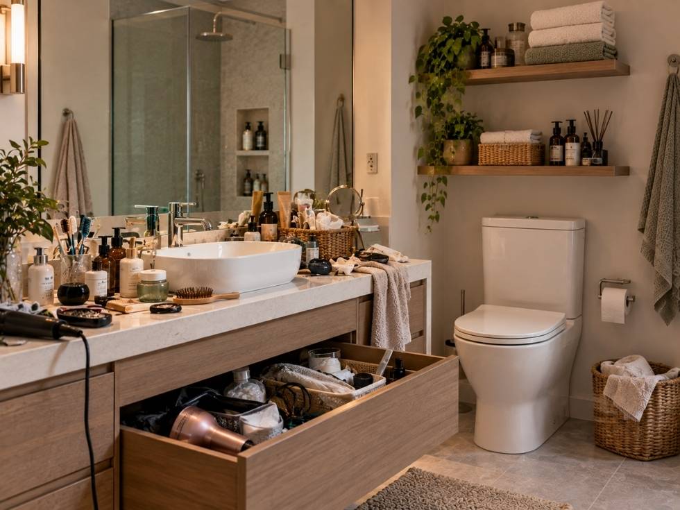 Cluttered bathroom vanity showing common bathroom storage and organisation mistakes - Beautiful Homes