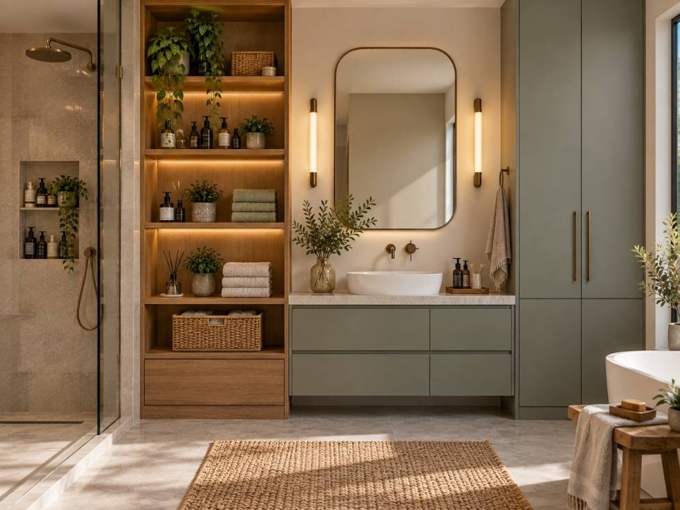 Bathroom combining open shelves and closed cabinets for practical everyday storage - Beautiful Homes