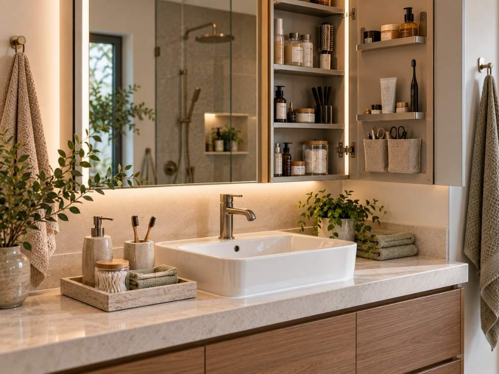 Bathroom vanity with organised toiletries, mirror cabinet and countertop storage tray - Beautiful Homes