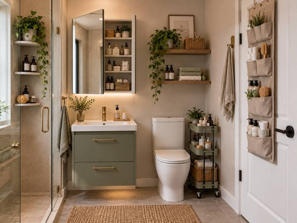Small bathroom with mirror cabinet, shelves, door organiser and rolling storage cart - Beautiful Homes