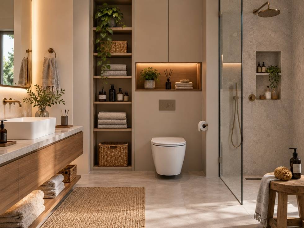 Well organised bathroom with integrated shelving, vanity, and concealed storage solutions - Beautiful Homes