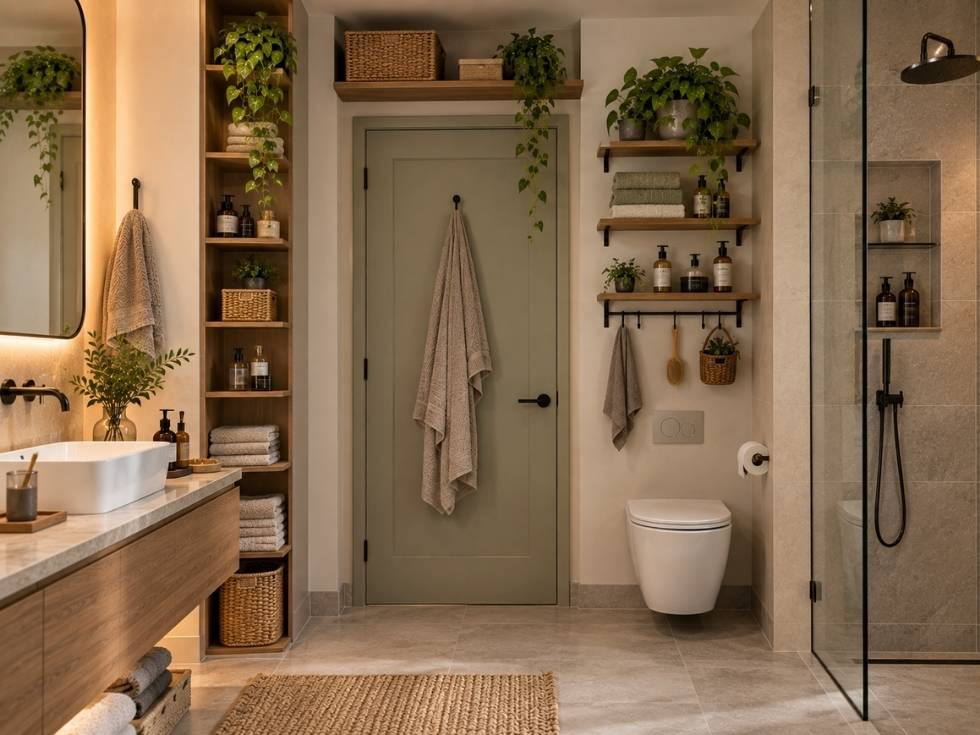 Modern bathroom with floor to ceiling storage and wall mounted organisers - Beautiful Homes
