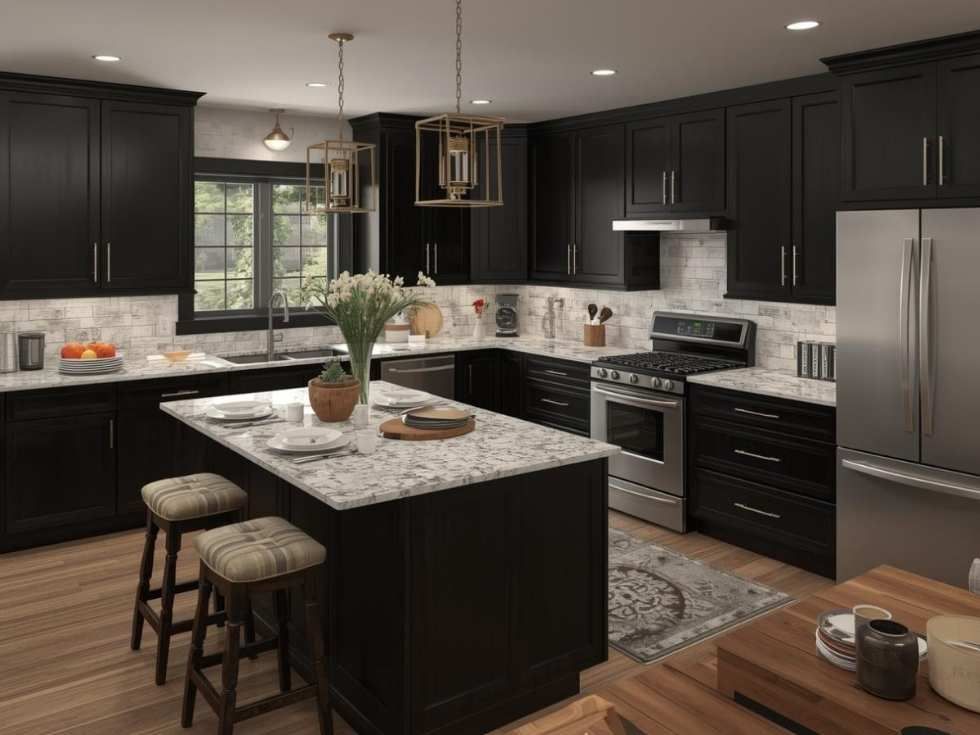 Contemporary island black kitchen design - Beautiful Homes