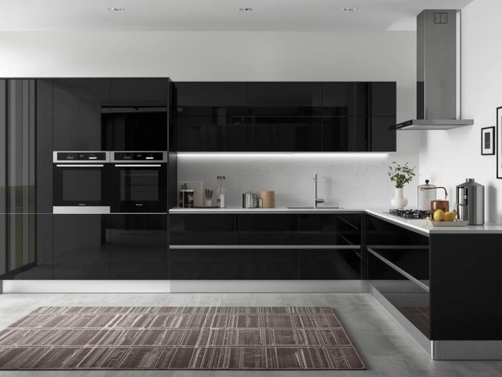 Contemporary L-shaped black kitchen design - Beautiful Homes