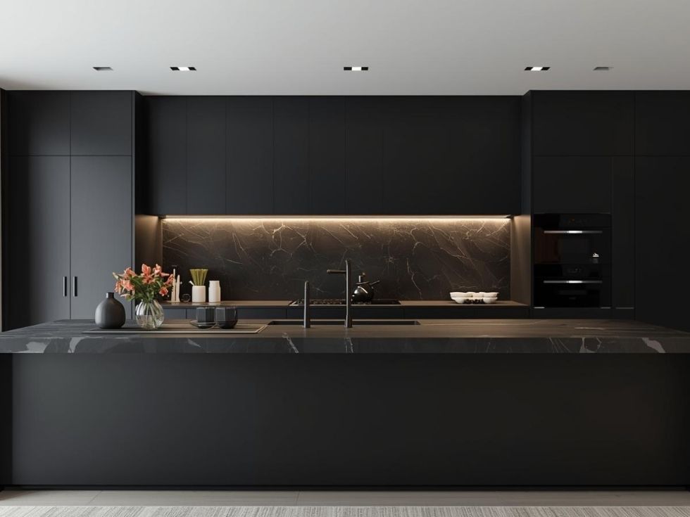 Contemporary black countertop kitchen design - Beautiful Homes