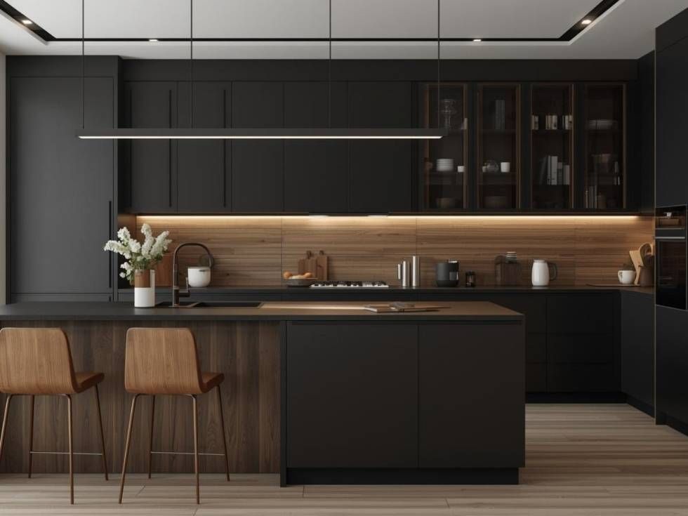 Contemporary black kitchen design with wood accents - Beautiful Homes