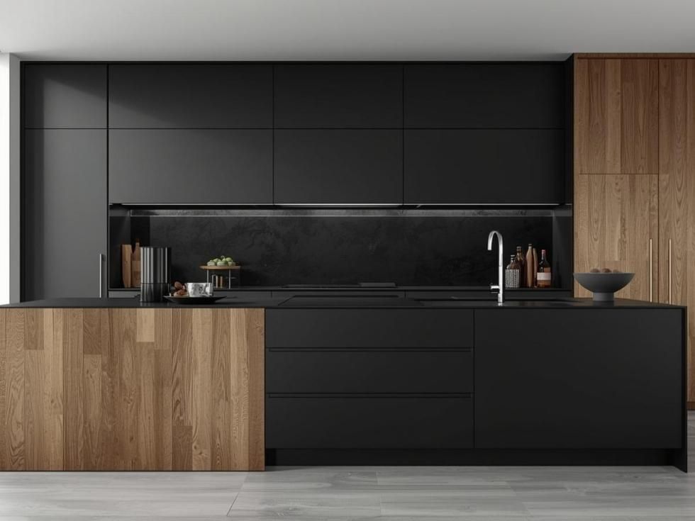 Contemporary black kitchen design with wood accents - Beautiful Homes