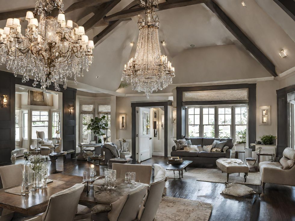 Elegant chandeliers in living room - Beautiful Homes