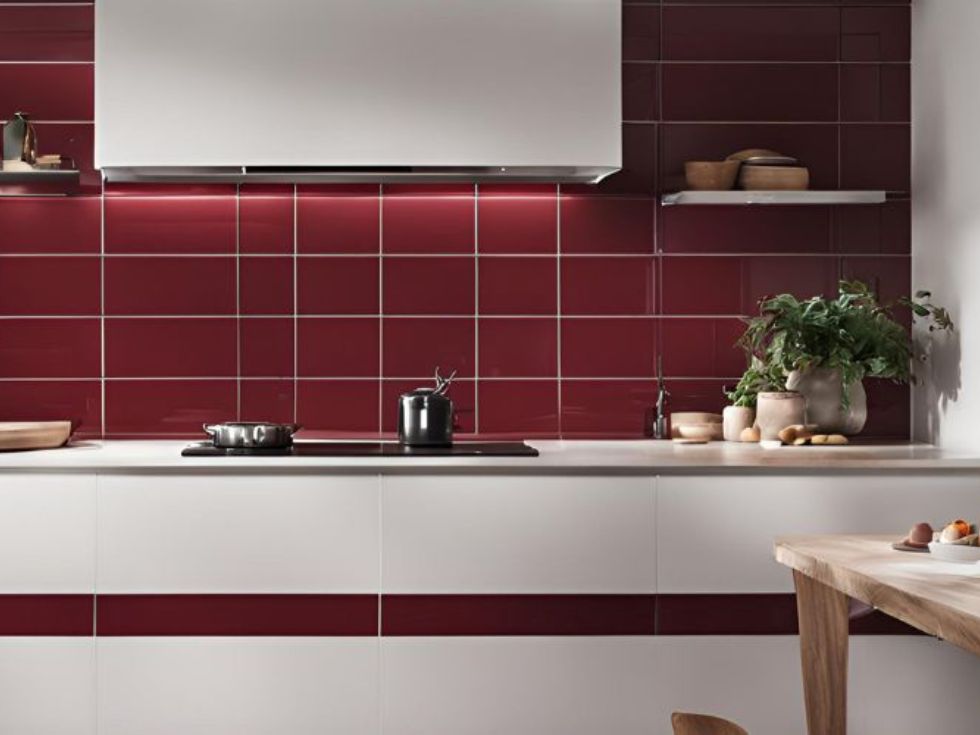 Maroon backsplash with white countertop - Beautiful Homes