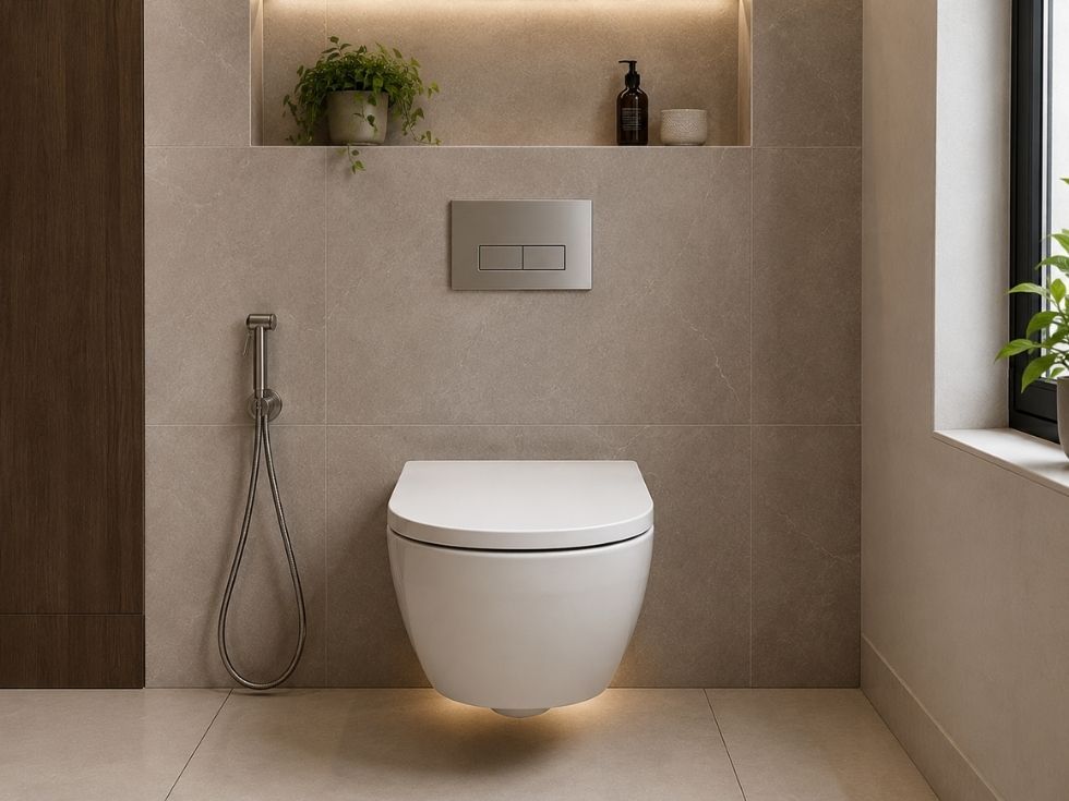 Modern bathroom with wall hung toilet and concealed flush tank - Beautiful Homes