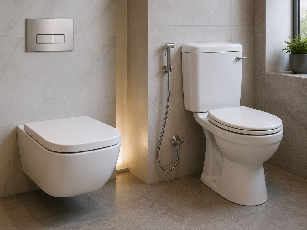 Side by side concealed and exposed flush tank toilets with dual flush buttons - Beautiful Homes