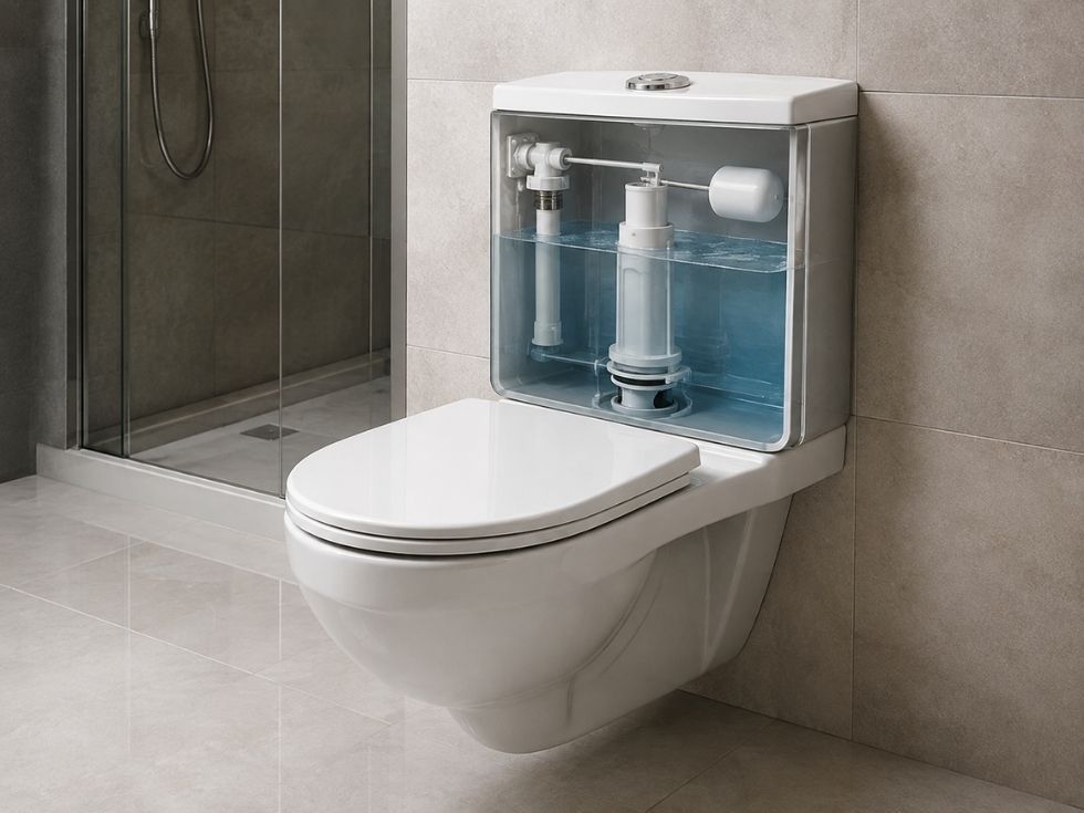 Exposed flush tank showing internal flushing mechanism - Beautiful Homes