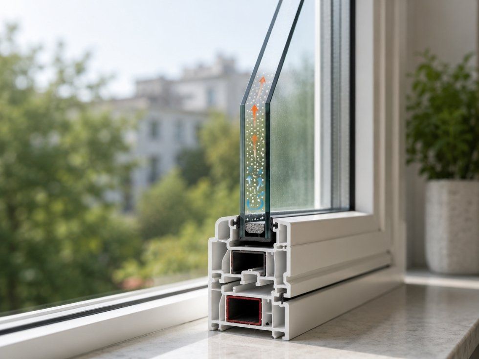 Cross section of a double glazed uPVC window showing the insulated air gap between glass panes - Beautiful Homes