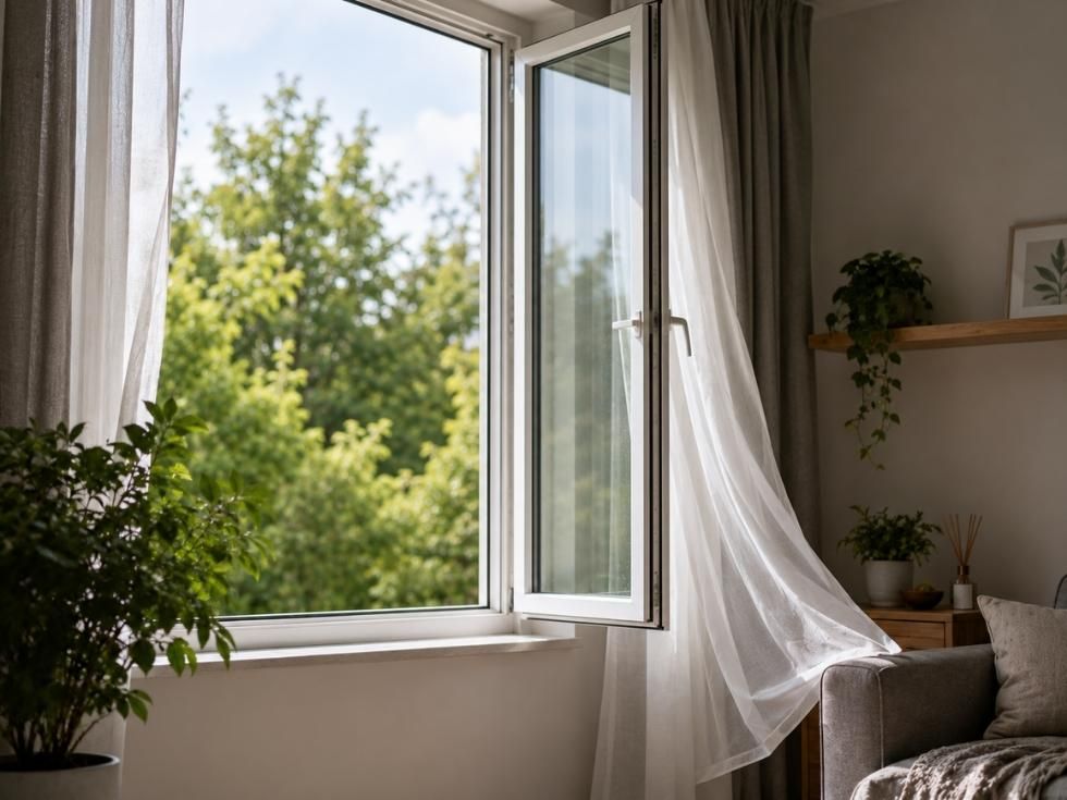 Open uPVC casement window improving indoor ventilation to reduce condensation and moisture buildup - Beautiful Homes