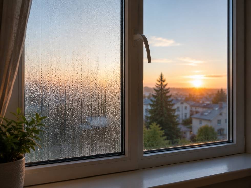 uPVC window showing condensation on one glass pane while the other remains clear, illustrating the difference between interior and exterior window condensation - Beautiful Homes