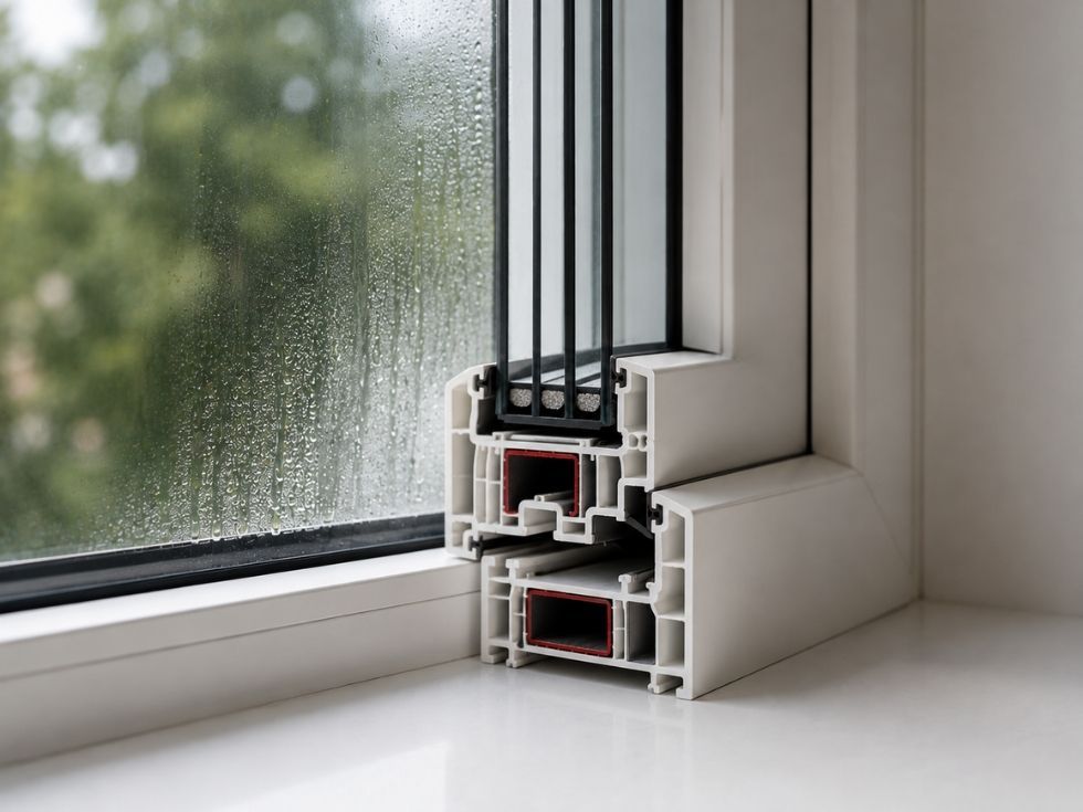 Cross section of a multi chamber uPVC window frame with insulated glazing and weather seals - Beautiful Homes
