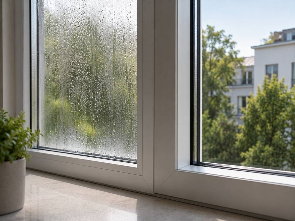 Modern uPVC window with condensation on one pane and a clear insulated pane beside it - Beautiful Homes