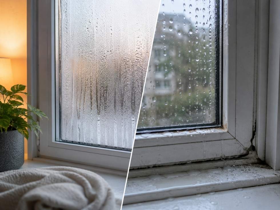 Split view of two uPVC windows with condensation and water droplets on the glass, showing how warm indoor air condenses on cold window surfaces - Beautiful Homes