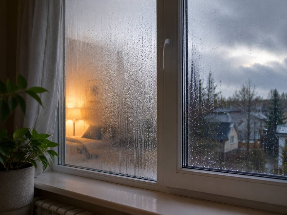 uPVC window with condensation and water droplets on the glass, illustrating warm indoor air meeting a cold window surface during cool weather - Beautiful Homes