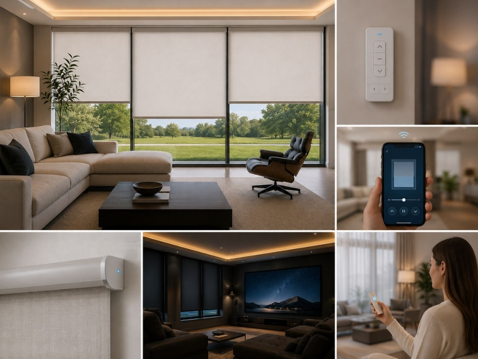 Contemporary motorised window blinds for living room - Beautiful Homes