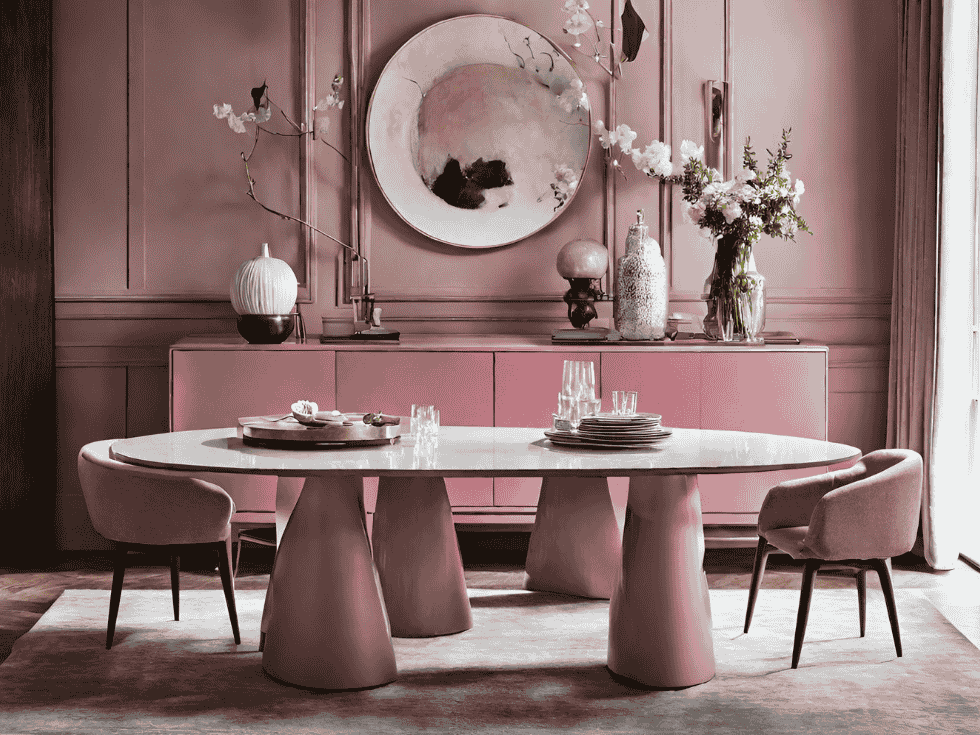 Modern Dining Room With Oval Ceramic Table And Pink Chairs - Beautiful Homes