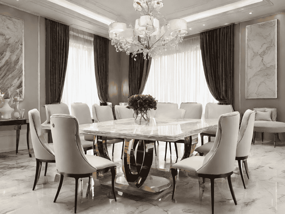 Luxurious Dining Room With Rectangular Marble Table And Crystal Chandelier - Beautiful Homes