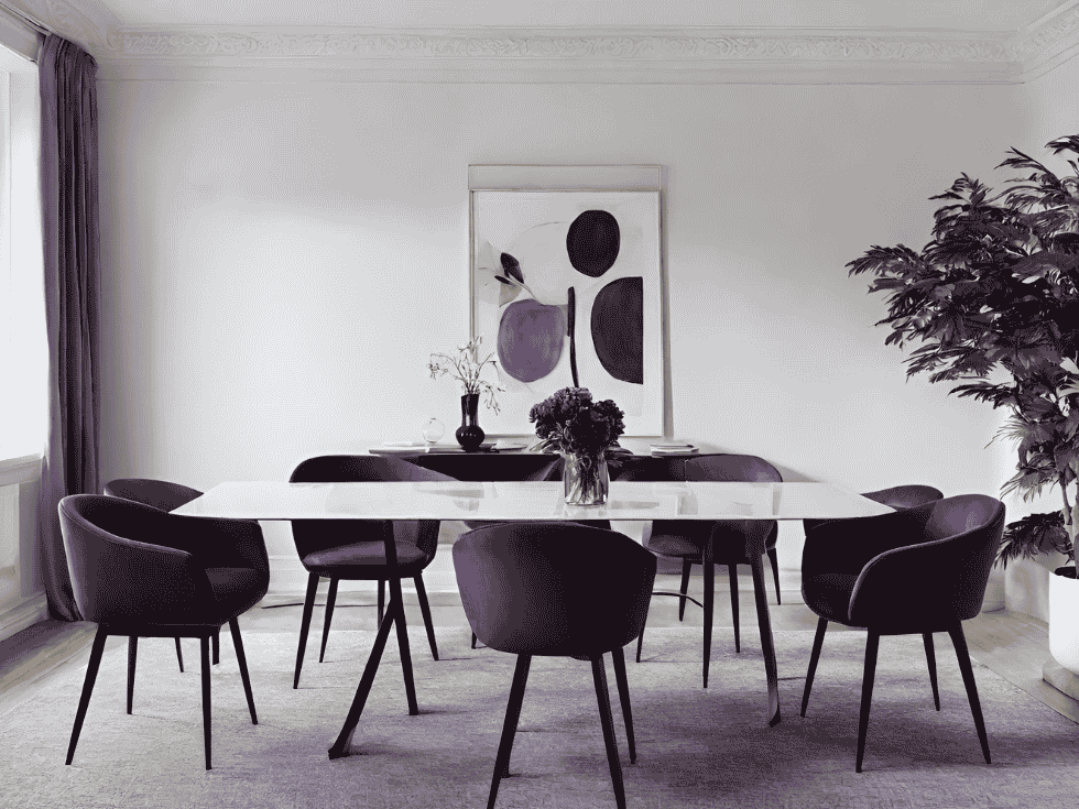 Contemporary Dining Room With Purple Chairs And Abstract Artwork - Beautiful Homes