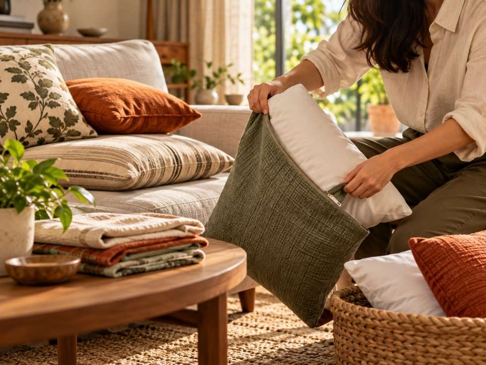 Person fluffing a cushion and adjusting its cover on a sofa - Beautiful Homes