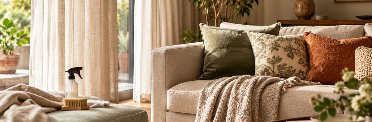 Beige sofa with textured cushions, throws and a fabric cleaning spray - Beautiful Homes