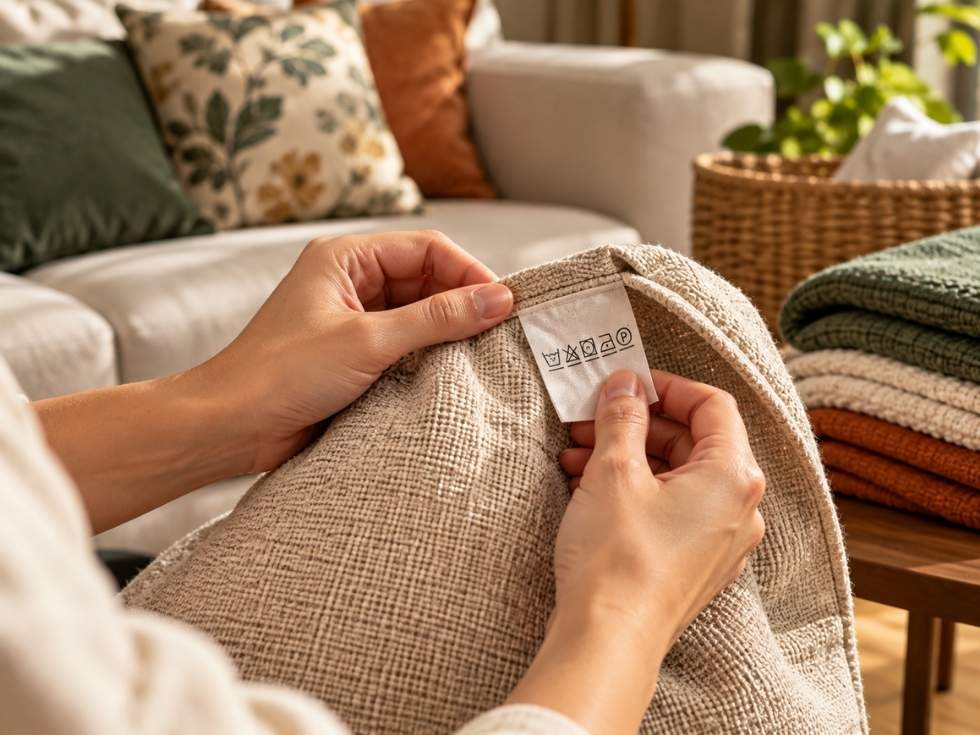 Hands checking care symbols on a beige fabric label - Beautiful Homes