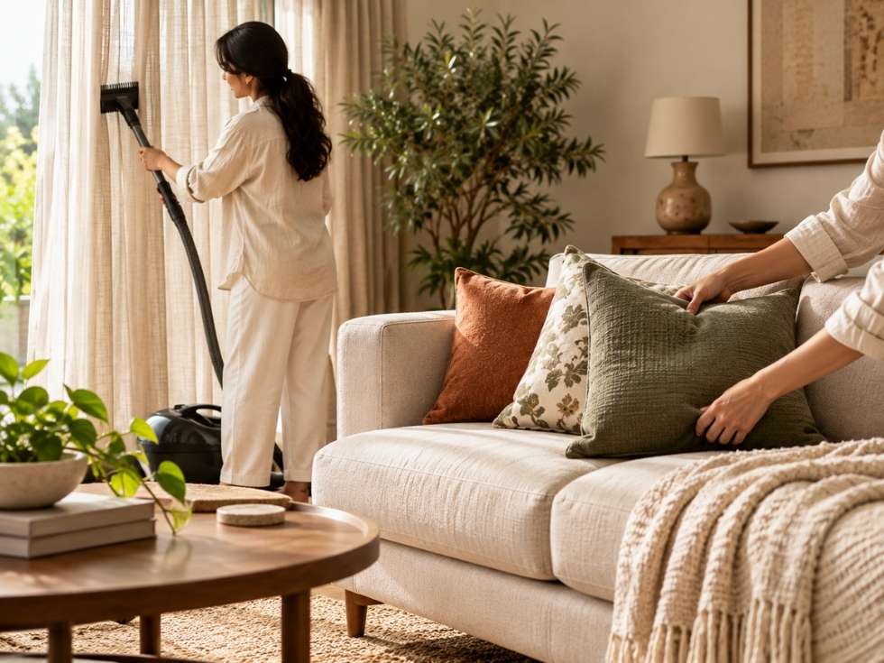 Woman vacuuming curtains and arranging cushions on a beige sofa - Beautiful Homes