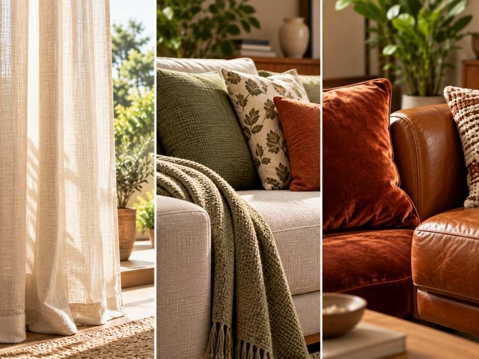 Collage of linen curtains, fabric cushions and a leather sofa - Beautiful Homes